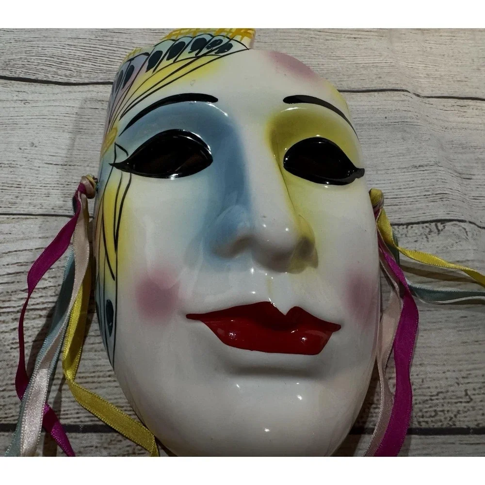 Vintage Hand Painted Ceramic Porcelain Wall Mask Butterfly Yellow Blue Pink Red